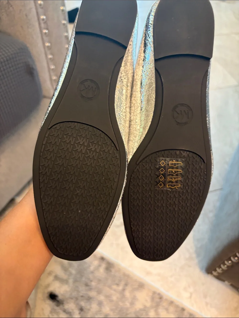 Michael Kors Metallic Silver Ballet Flats with Bow Accent